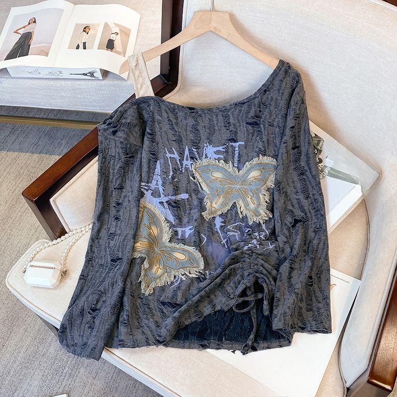 

Дизайн с прорезями-бабочками, топ с длинным рукавом, открытые плечи, женская футболка, корейская мода, кулиска, женский пуловер one size