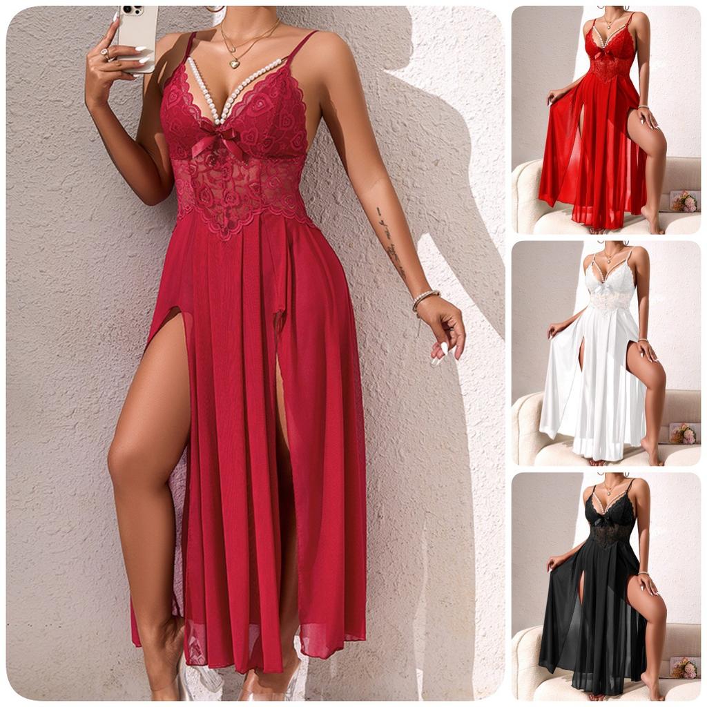 Gül Dantel İnci Askılı Gecelik Derin V Yüksek Yırtmaç Şeffaf File Uzun Seksi Kadın Pijama 898 Romantik Çiçekli Detaylarla Feminen Cesur Giyim