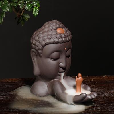 Räuchergefäß aus violetter Tonerde mit Rückfluss, Buddha-Meditation, Buddha-Kopf-Räuchergefäß für Rückfluss, Ornament