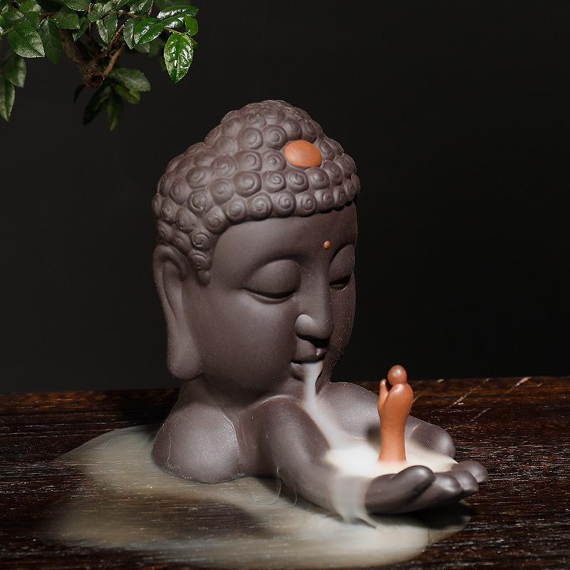 Purple Clay Backflow Incense Burner Buddha Meditation Buddha Head Backflow Incense Burner Ornament