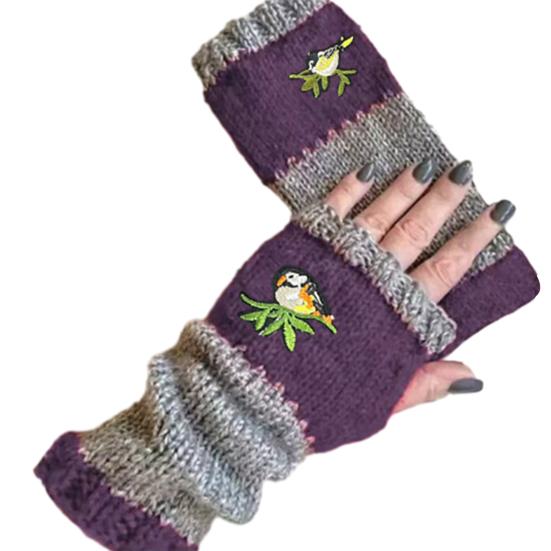 Embroidered Birds Fingerless Gloves Color-Block Knitted Warm Gloves Stretchy Mittens with Thumb