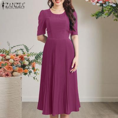Women Casual Round Neck Solid Color Summer Short Sleeve Pleated Dress