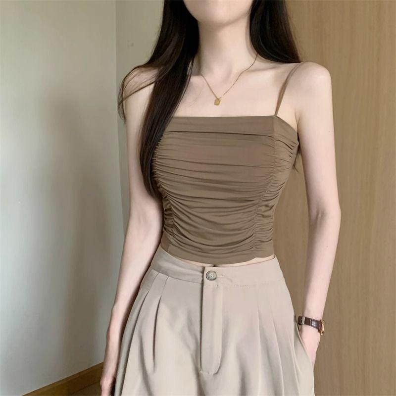 Wrinkled Camisole Vest for Women Strapless Off The Shoulder Wearing Ice Silk Thin Short Top for Summer