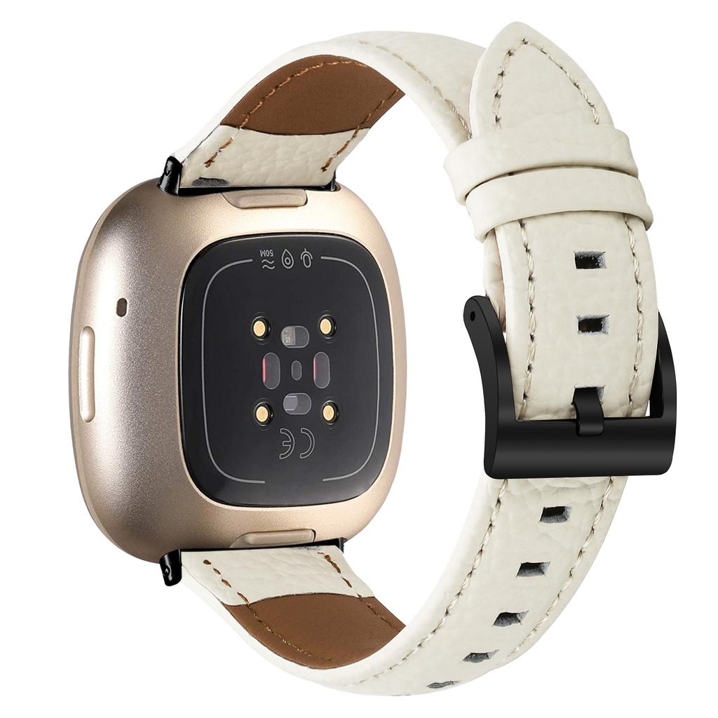 Litchi Textured Genuine Cow Leather Strap with Electroplated Buckle for Fitbit Versa 3/Sense Pointed-End Watch Band