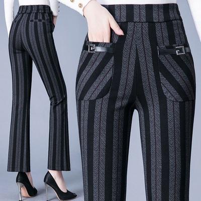 Vintage Autumn Winter Flare Pants New Women Pocket Striped Plaid Elastic High Waist Fashion Versatile Trousers