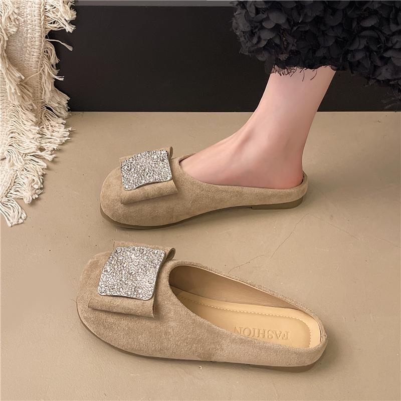 Fashion Light Flat Shoes Summer New Round Head Deep Mouth Crystal Buckle Suede Soft Sole Anti-slip Wear-resistant Slippers
