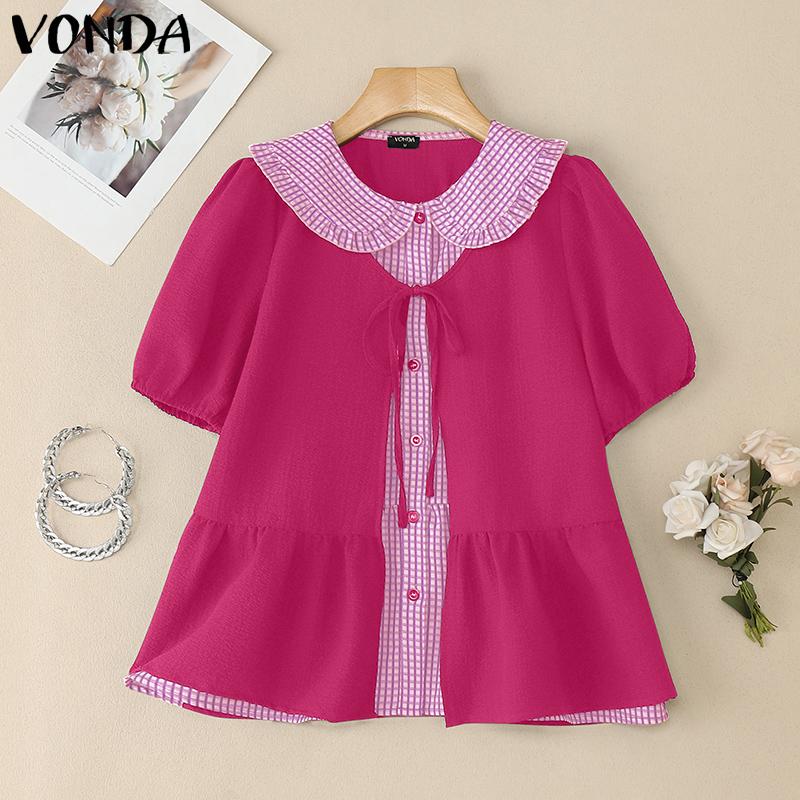 

VONDA Women Girls Puff Sleeve Bow Knot Fake Two-piece Plaid Casual Blouse 3XL темно-розовый