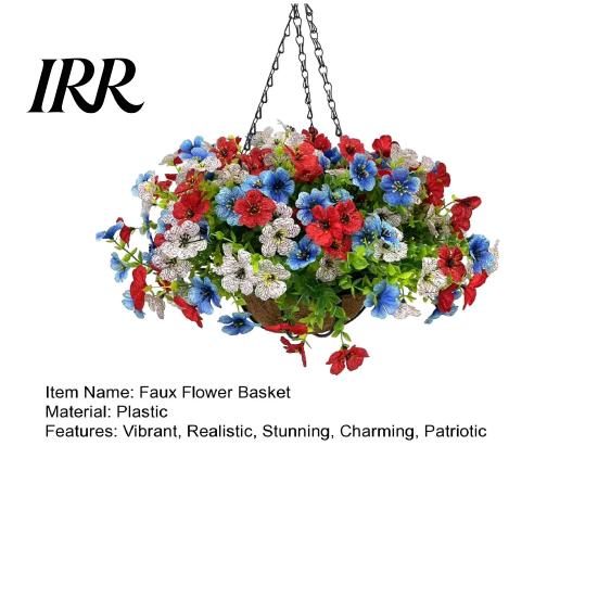Decorative Flower Basket Artificial Hanging with for Outdoors, 4th of July Patriotic Faux Violet Flowers Flowers, UV Resistant Fake Plants