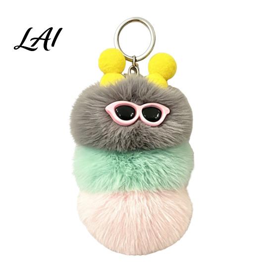 Women Animal Pendant Plush Sunglasses Caterpillar Keychain Soft Backpack Purse Fluffy Handbags Bag Charm Colorful Stuffed Keyring