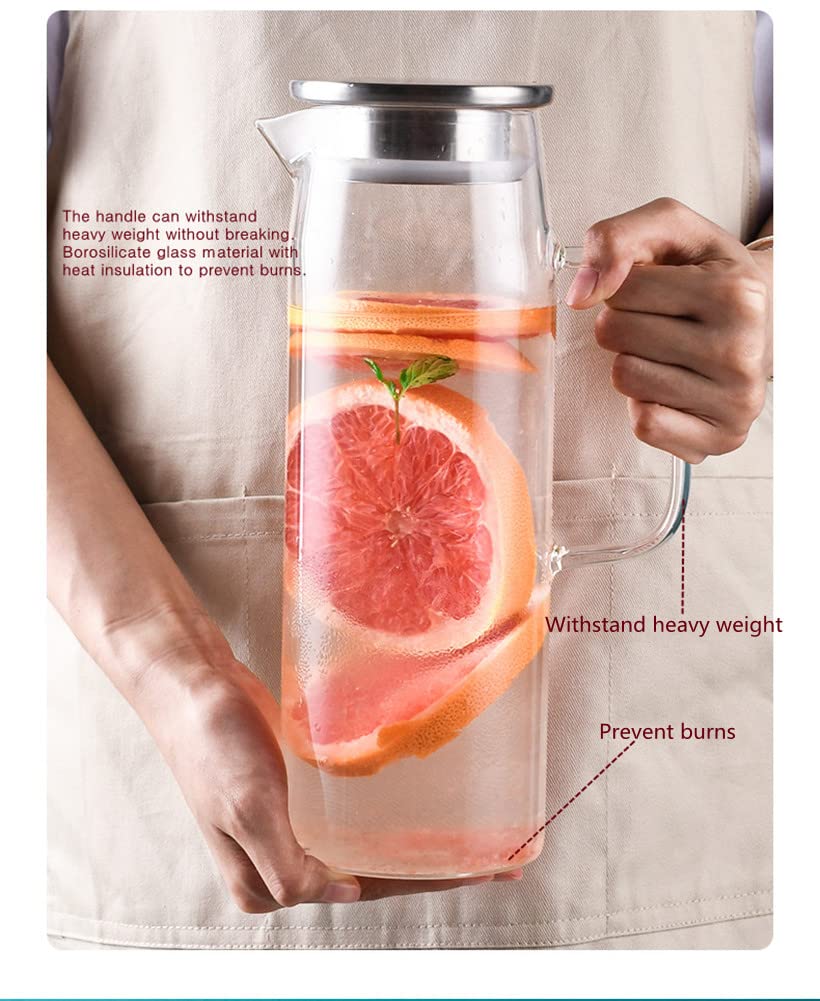 Glass Pitcher with Lid, Heat Resistant Glass Water Carafe with Handle for Fridge, Pitcher for Iced Tea Milk, Hot and Cold 1000ml