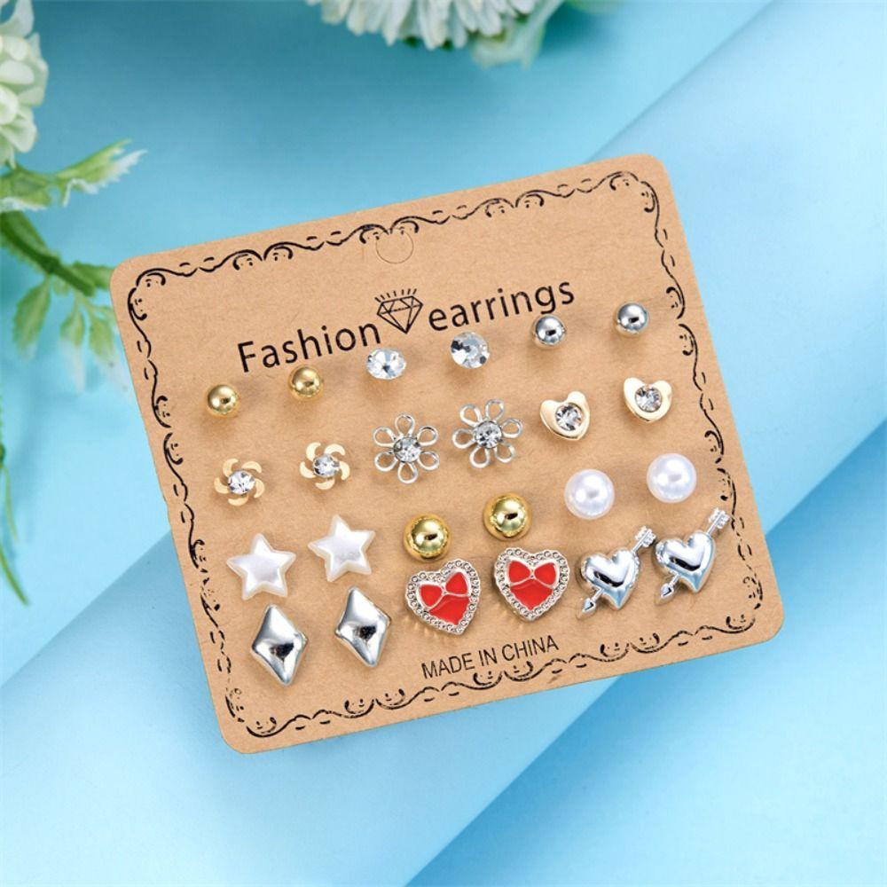12 Pairs Colorful Combination Stud Earrings Mini Earring Set Metal Crystal Bead Ear Studs  Women