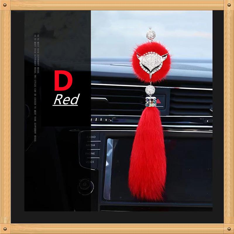 8 Colors Cute Fashion Diamond Fox Rear View Mirror Ornament Fur Bling Rhinestone Car Mirror Hanging Accessories for Girls Women
