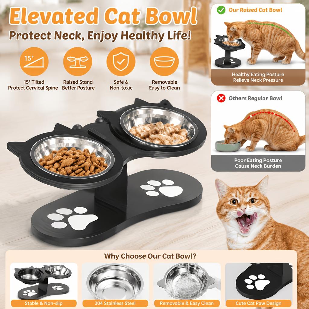 15° geneigter Futternapf für Haustiere mit auslaufsicherem Holzsockel und 3 Edelstahlnäpfen, ideal für Futter und Wasser von Katzen und kleinen Hunden.
