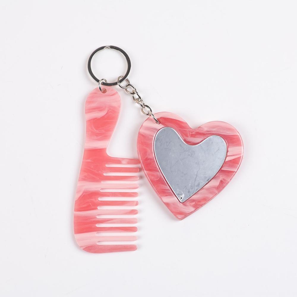 Mini Heart Makeup Mirror Comb Keychain Women Bag Pendant Simple Car Keyring Backpack Mobile Phone Decorative Jewelry Gifts