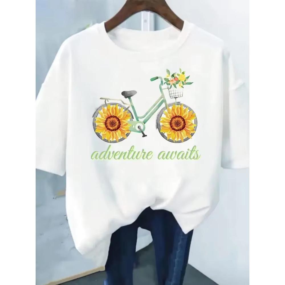 Flower Print Fashion Plant Trend Lovely print ladies T-shirt casual basics O-collar Black shirt short sleeve ladies T-shirts