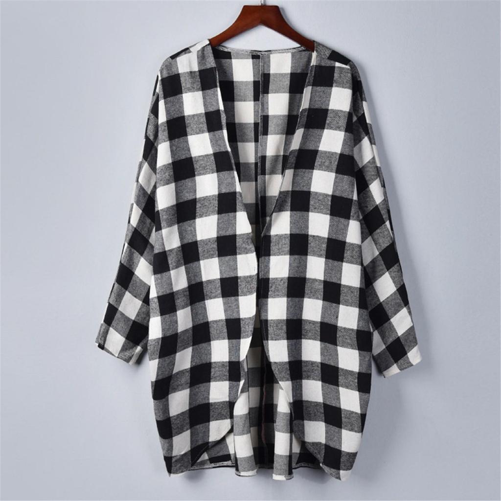 Langärmelige offene Strickjacken für Damen, lässige Patchwork-Oberbekleidung mit Karomuster