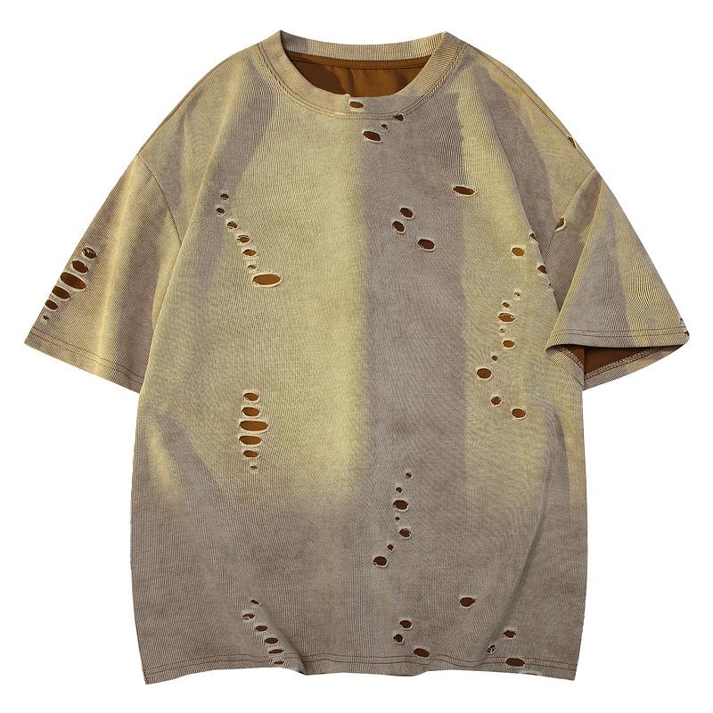 2025 Loose Crew Neck Short Sleeve T-Shirt Summer Men's American Net Edition Couple Fashion Personality Ripped Retro Top