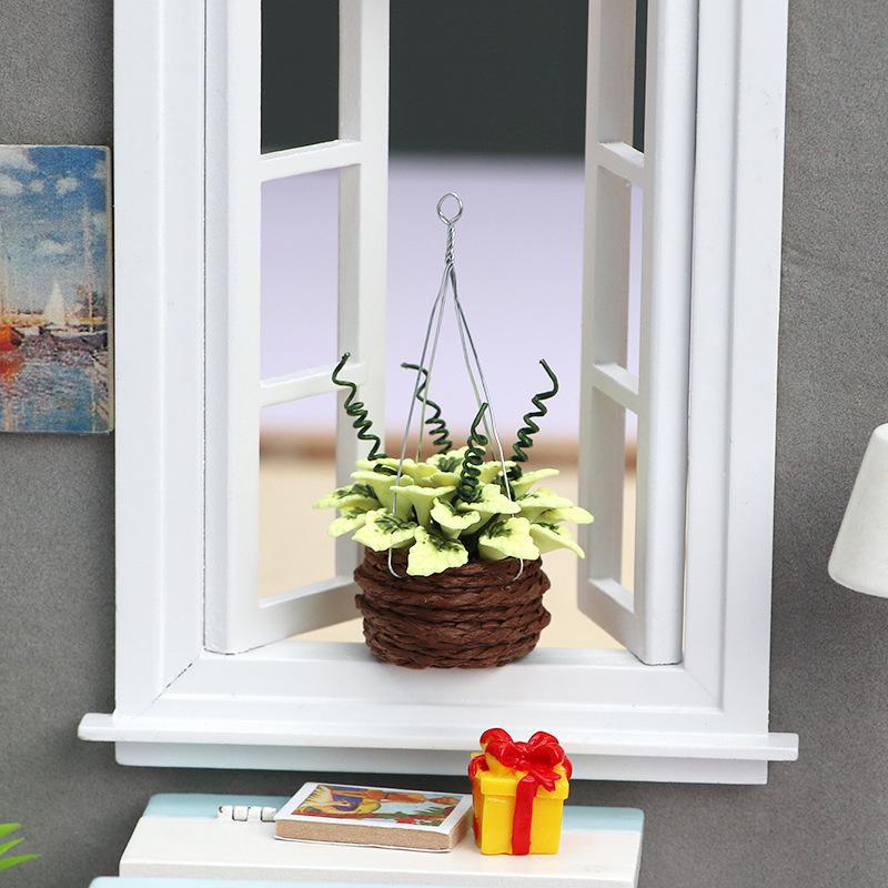 1:12 Mini Dollhouse Accessories - Hanging Flower Basket with Yellow Maple Resin Crafts.