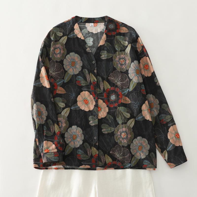 Autumn 2025 Artistic Retro Floral V-Neck Shirt: Cotton Linen, Age-Reducing, Plus Size, Casual