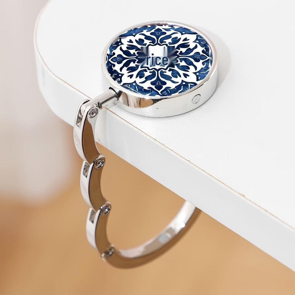 Elegant Blue & White Porcelain Portable Metal Folding Desk Hook for Women's Bag