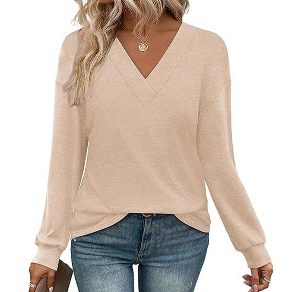 Women's Solid Color Casual Loose Long-sleeved T-shirt Top