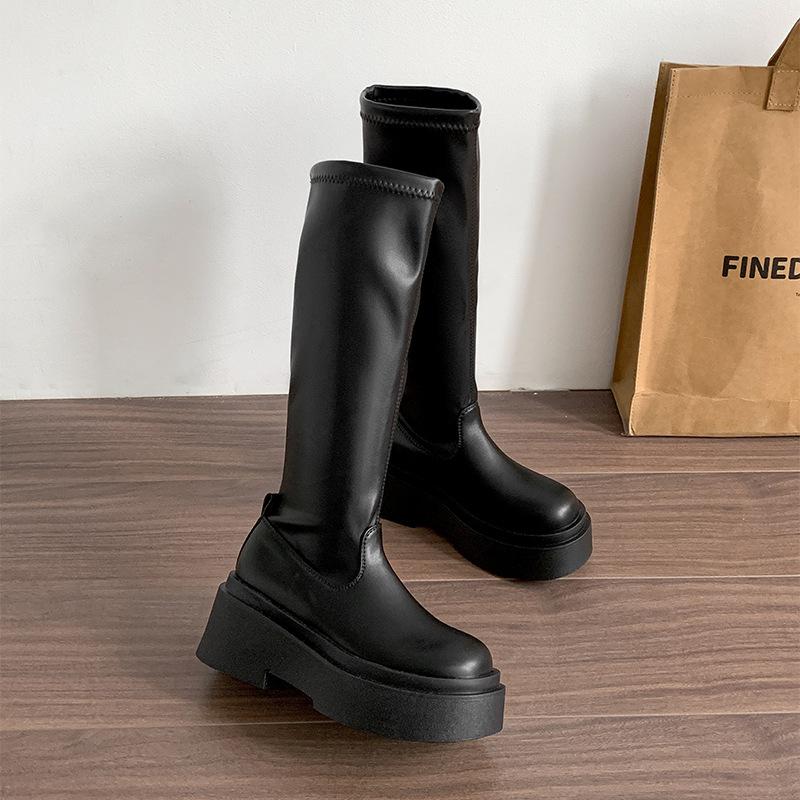 

Черные популярные британские ботинки на толстой подошве и толстом каблуке женские 2025 новые весенне-осенние ретро тонкие, но до колена ботфорты 35 чёрный