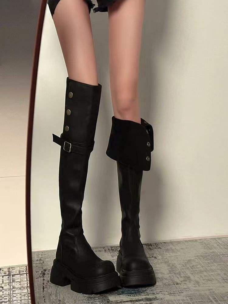 Fold velvet boots women's small knight tall boots 2025 autumn and winter new thick-soled ins two-wear knee boots