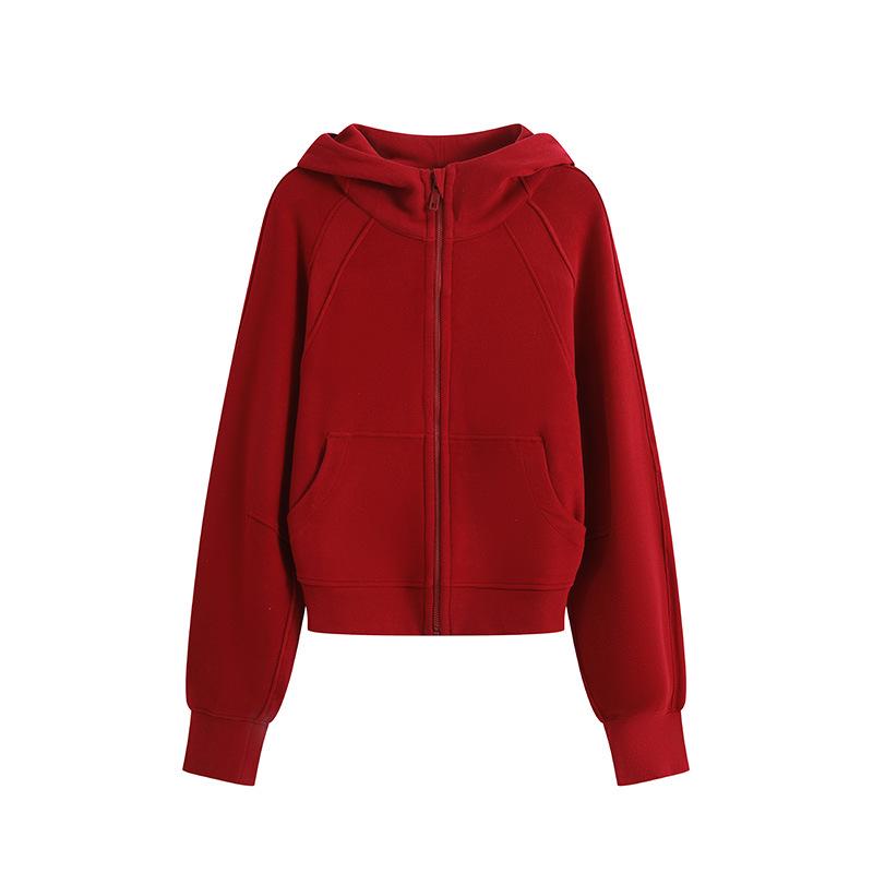 Damska bluza z kapturem zapinana na zamek, podszyta polarem - Ciepły kardigan sportowy z długim rękawem