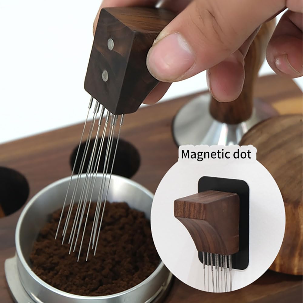 Magnetic WDT Espresso Tool With Included Metal Plate,Handcrafted with Natural Wood Handle Needle Stirrer Adsorption Coffee Maker marrone