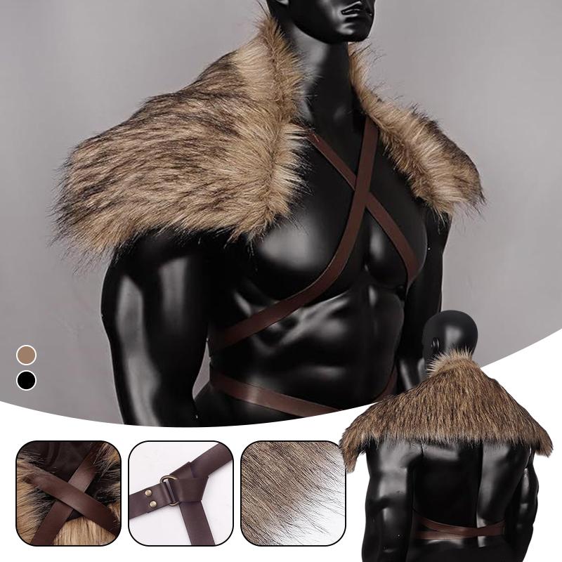 Man Medieval Faux Fur Cape Shoulder Cloak With Chest Strap Faux Fur Collar Retro Viking Fur Cape Halloween Cosplay Costume