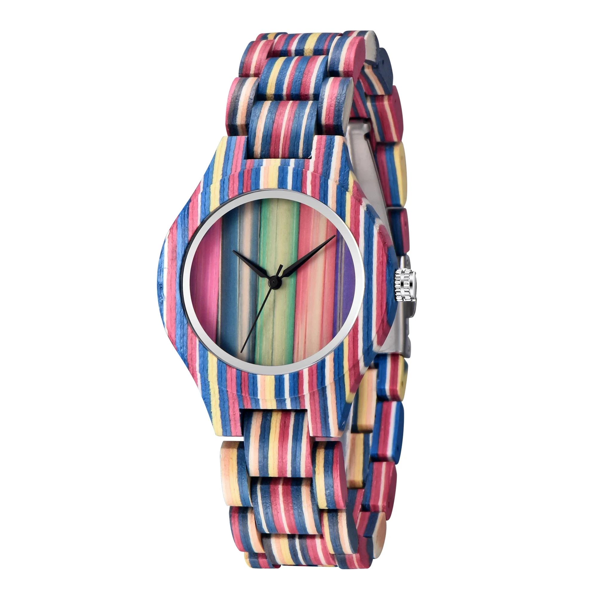 

High Quality Multicolored Stripes Women s Wooden Quartz Watch Fashion Street Trend Women Accessories Clock Watch Reloj de madera
