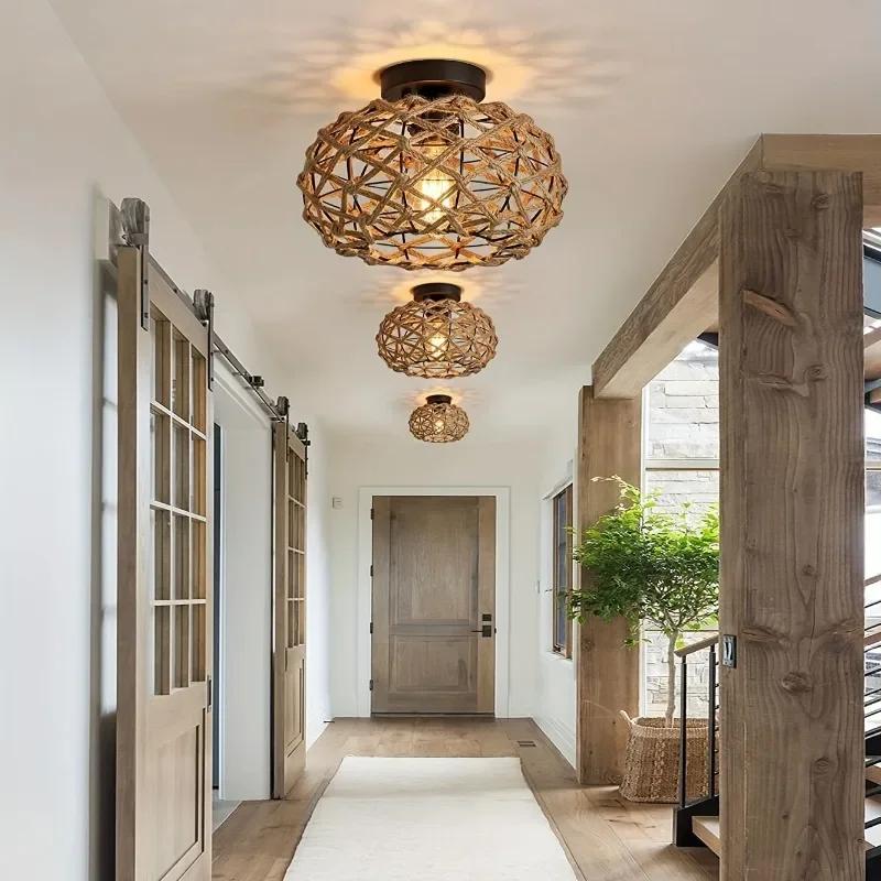 Hemp Rope Ceiling Light Fixtures Natural Woven Rattan Wicker Chinese Style Lampshade Hallway Decor Lighting Eco Friendly Lamp