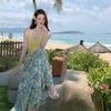 French Atmosphere Print Suspender Suit Dress Women's Summer Retro Flower Streamer Holiday Long Skirt