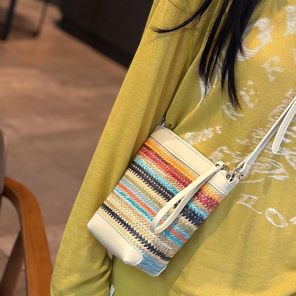 Summer popular raffia grass with cowhide woven bag niche fashion versatile shoulder messenger bag