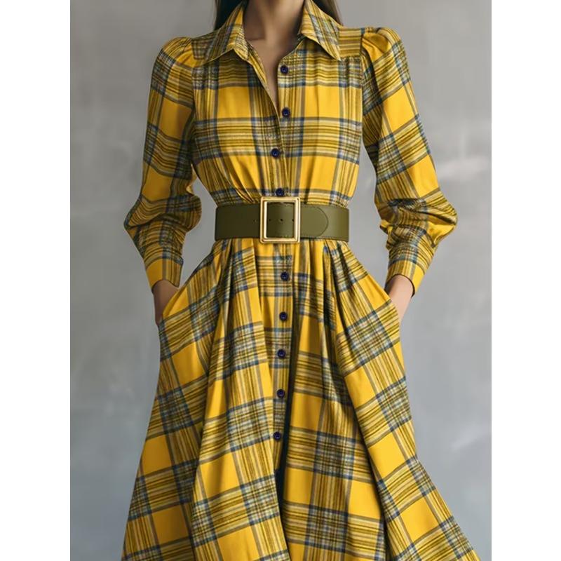 

European and American French Style Retro Plaid Waist Fashionable and Elegant Big Swing Dress XXL
