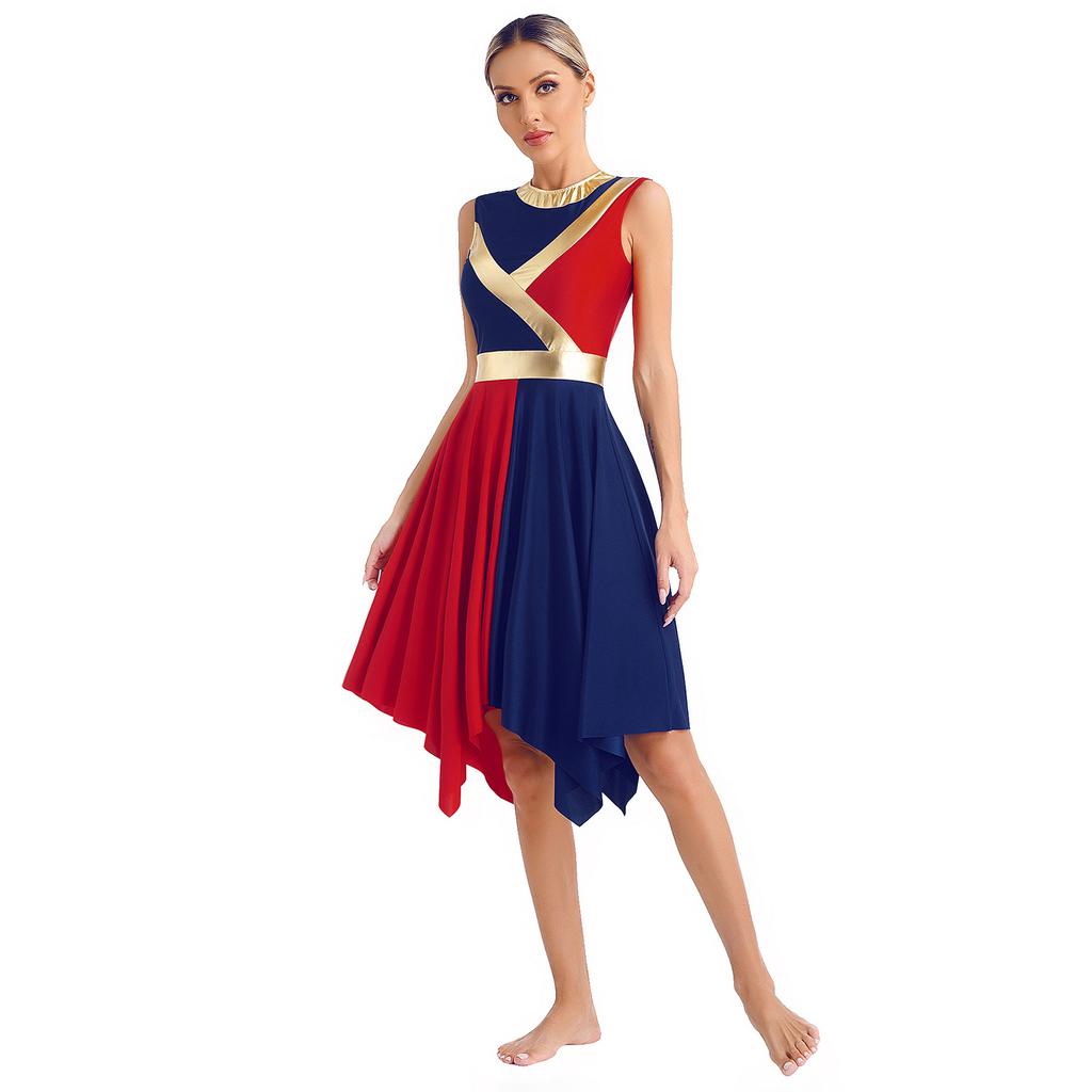 Womens Metallic Color Block Patchwork Liturgical Dance Dress Round Neck Sleeveless Asymmetrical Hem Dresses Dancewear