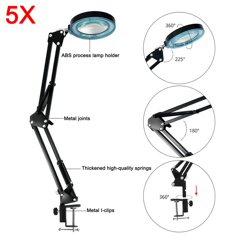 Professional 5X Magnifier Lamp with LED Light, 5 Color Modes & Dimmer, USB Powered, Adjustable Metal Arm & Clamp for Precision W