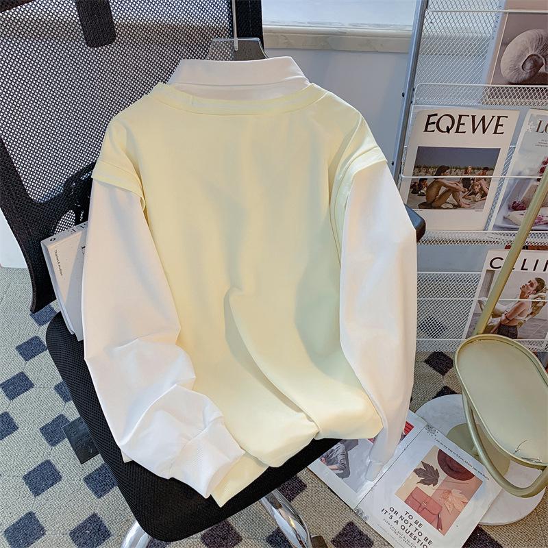 2024 Autumn Women's High-End Spliced Polo Sweatshirt - Long Sleeve, Loose, Slimming, Versatile Design