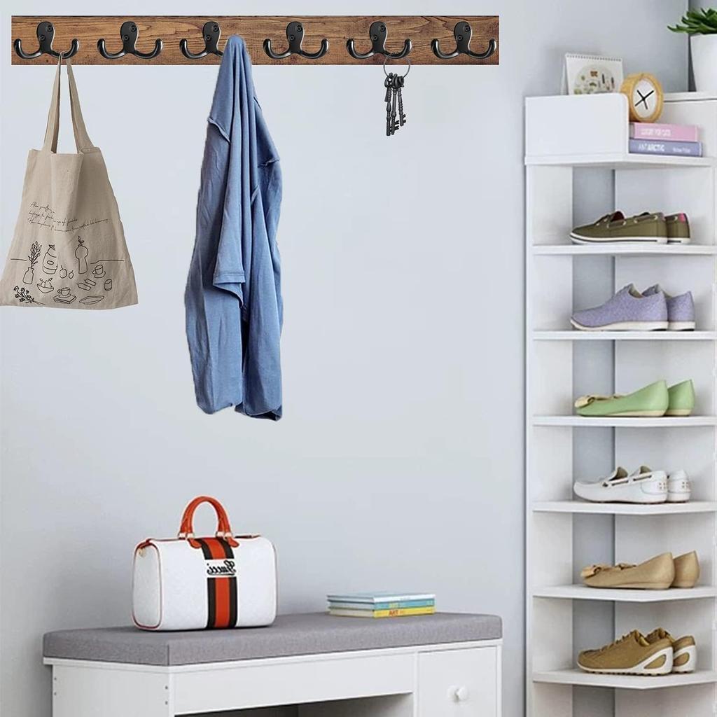 Coat Hooks Hardware, 10Pcs Wall Hooks Heavy Duty Hooks for Hanging Coats No Rust Double Robe Hook Wall Mounted for Key Towel Bags Cup Hat (Black)