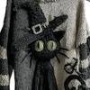 Halloween Skummel Ansikt Genser for Kvinner Patchwork Trykk Strikket Genser Topp Langermet Rund hals Sydd Høstantrekk