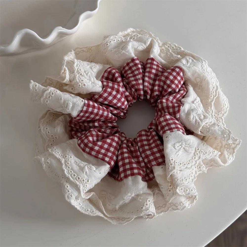 Women's Scrunchies Sweet Style Hair Tie Kawaii Red Checkered Lace Bow Hair Band Fashionable Hair Accessory Kids Hair Accessories