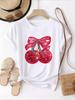 Unisex Tshirt Glitter Cherry Bow Graphic Tee Crew Neck Short Sleeve Sparkle Fruit Bowknot Print Sweet Casual Summer Street Top