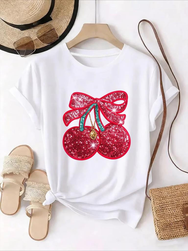 Unisex Tshirt Glitter Cherry Bow Graphic Tee Crew Neck Short Sleeve Sparkle Fruit Bowknot Print Sweet Casual Summer Street Top