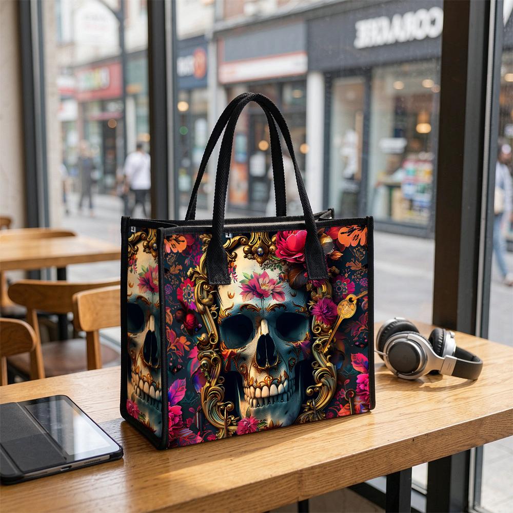 Floral Skull Pattern Tote Bag Gothic Vintage Style Shoulder Bag Daily Use Large Capacity Handbag