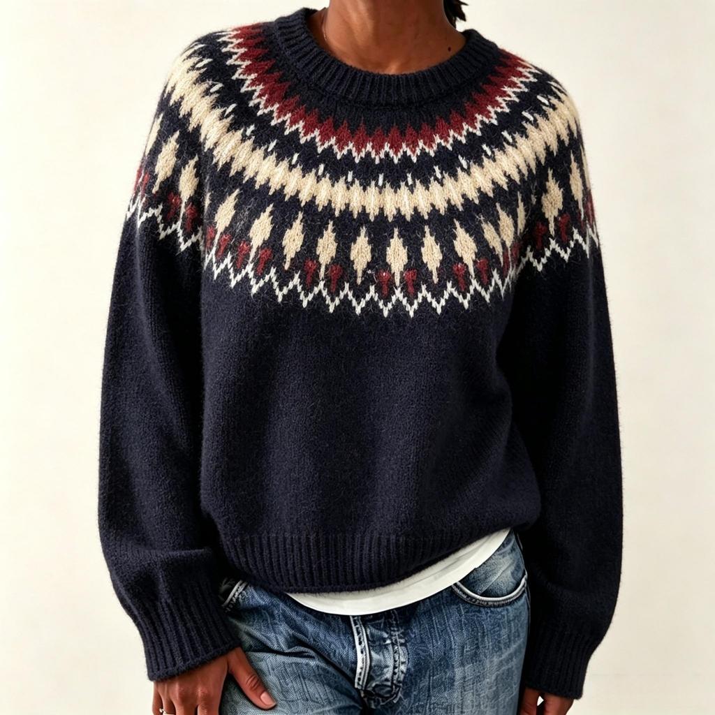 Fair Island Versatile Pullover Round Neck Embroidered Knitted Sweater Autumn And Winter Loose New Jacquard Knitted Sweater
