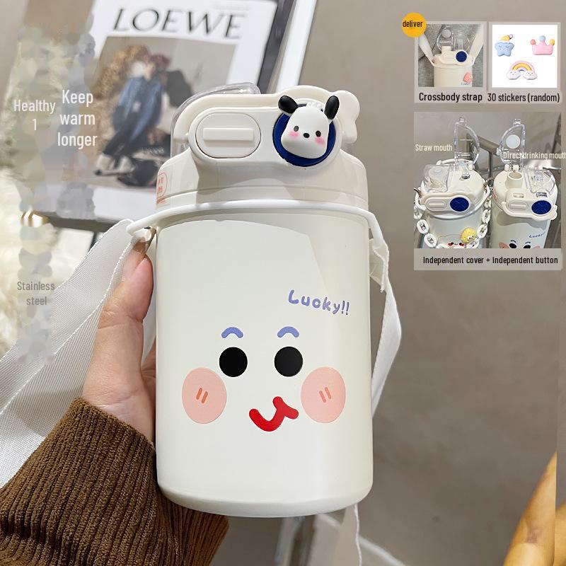 Cute Cartoon Coffee Thermos Cup with Double Spout, Straw, and 316 Stainless Steel - Ideal for Girls