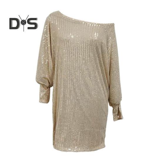 Women Evening Dress Shiny Sequin Slant Neck One Shoulder Three Quarter Sleeve Loose Above Knee Mini Dress Prom Party Dress