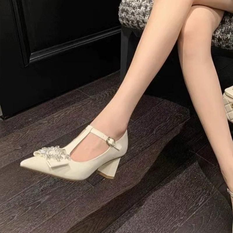 Women's Coarse Heel Shoes Spring New Pointed Head Shallow Mouth Diamond-like Buckle Non-slip Wear-resistant High Heels