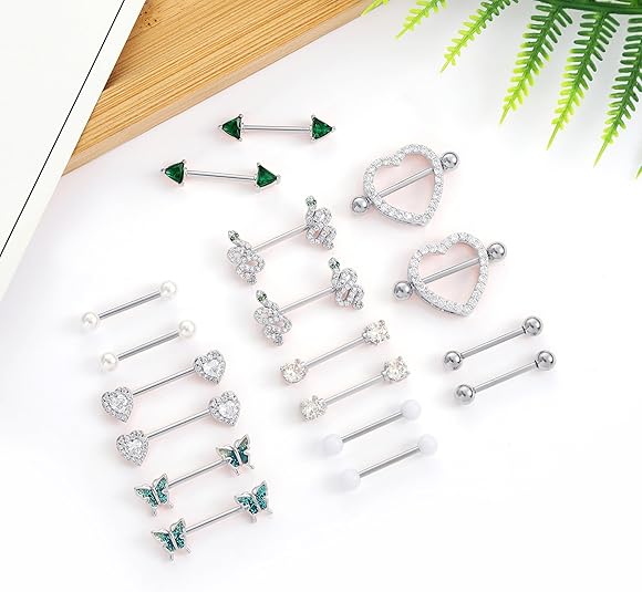 9Pairs Nipple Rings 14G Stainless Steel Heart Butterfly Snake Ball Emerald Triangle CZ Barbell Tongue Rings Set 16mm Silver Tone