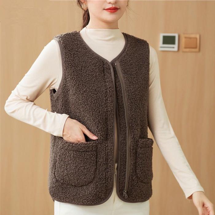 Gilet pour femme 2026 en laine d'agneau et cuir - Style coréen, Vêtement d'extérieur polyvalent Automne/Hiver